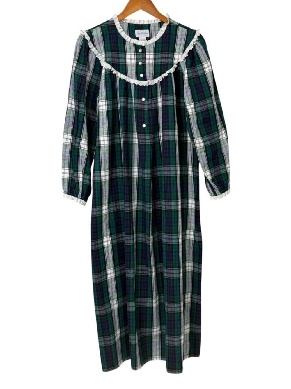 Lanz of Salzburg Women's Blue Green Cotton Flannel Nightgown Lace Trim Size S - Picture 9 of 9